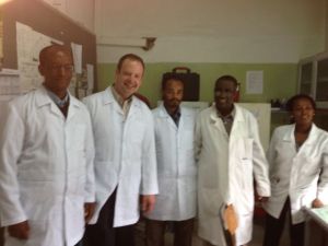 From left to right:  Ohio State's Baye Molla, DVM, PhD, and Tim Landers, RN, PhD along with University of Gondar's Wubet Birhan, head, School of Biomedical and Laboratory Sciences, Kassie Molla, head, microbiology laboratory, and Tigist Feleke, lab technologist