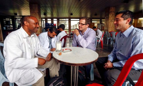 From left, Dr. Mersha, neurosurgery cheif, Dr. Ebenezer, Dr. Eric Sauvageau and Dr. Andrew Shaw enjoy coffee before making rounds at Tikur Anbessa (Black Lion) teaching medical center at Addis Ababa University.